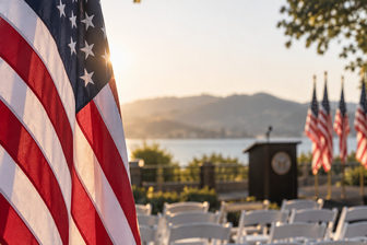 Editorial illustration of American flags arranged for an outdoor ceremony