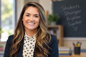 Editorial illustration of a smiling teacher in a classroom