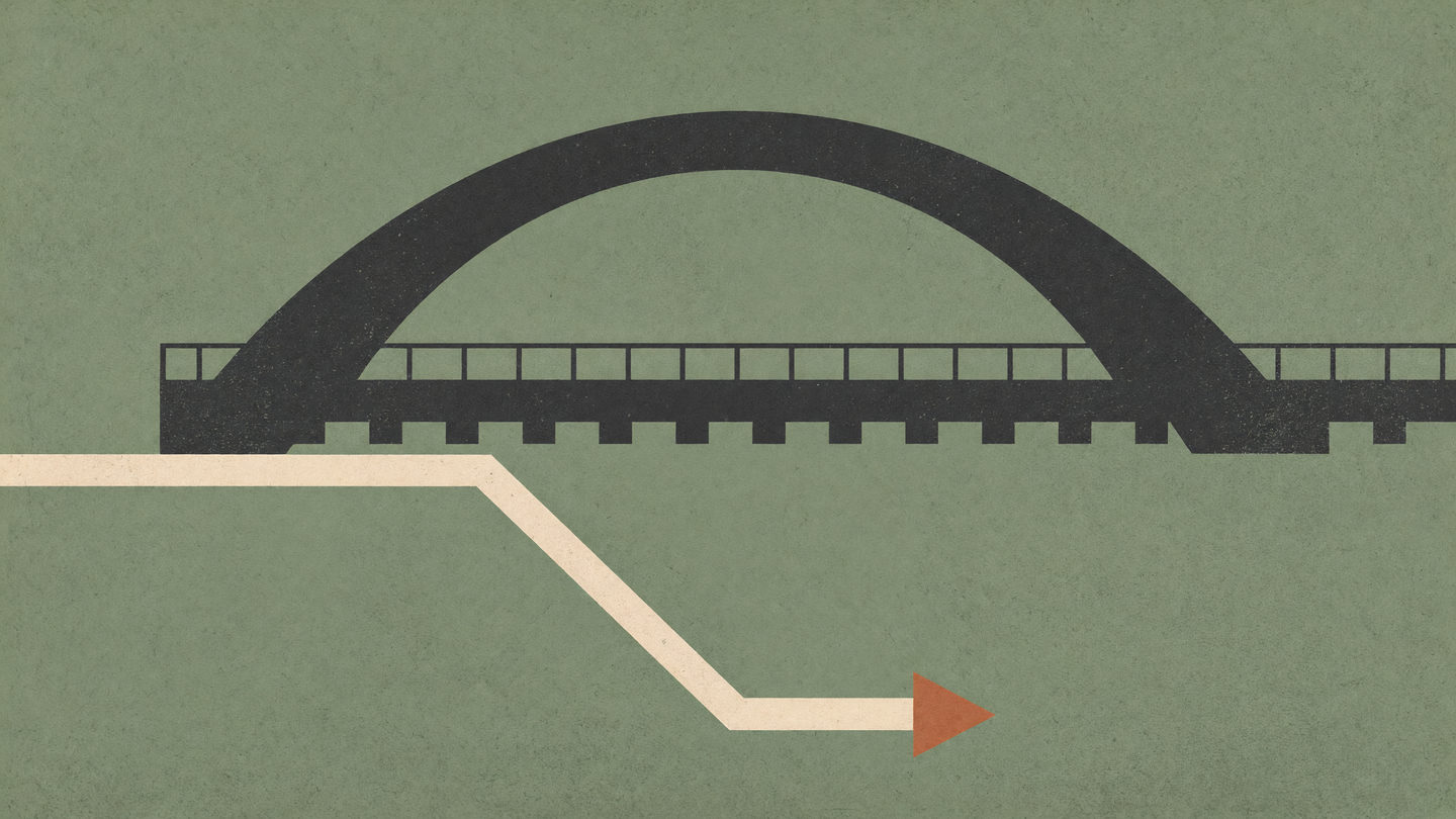 Minimal flat-color graphic: black arched bridge silhouette centered on muted green field, with off-white path line detouring sharply downward and rightward, ending in a terracotta arrowhead.