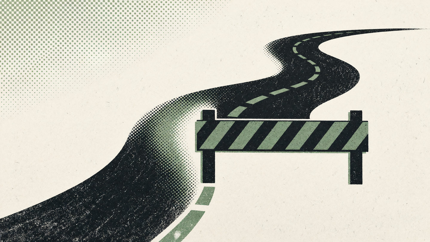 Screenprint illustration of a black winding road with dashed lines curving across a white field, interrupted by a green-and-black striped barrier; green halftone dots fill the upper left corner.