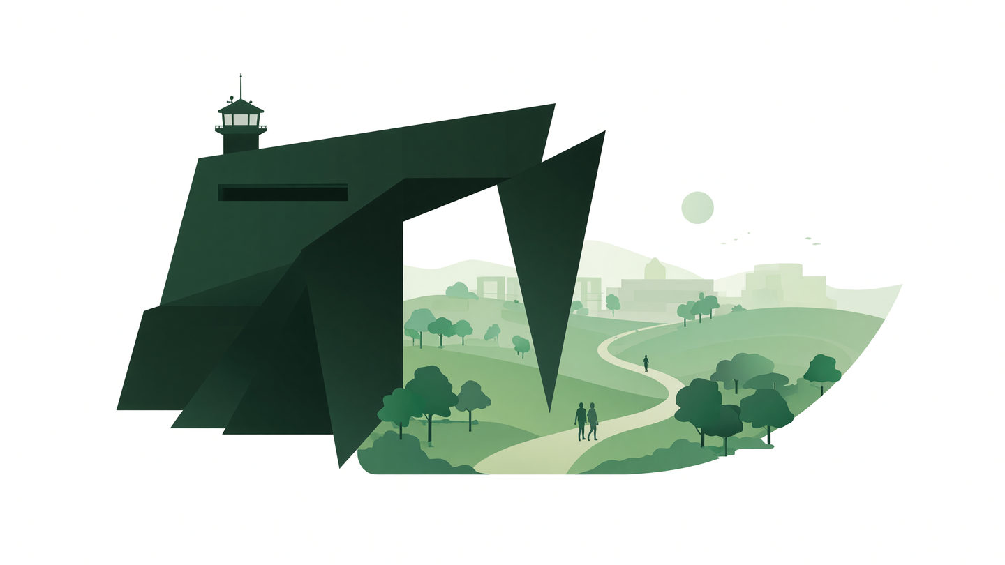Stylized flat illustration: dark angular military-style structure with tower opening to layered green hills, trees, winding path with two small figures, faint distant buildings and pale sun on solid white background