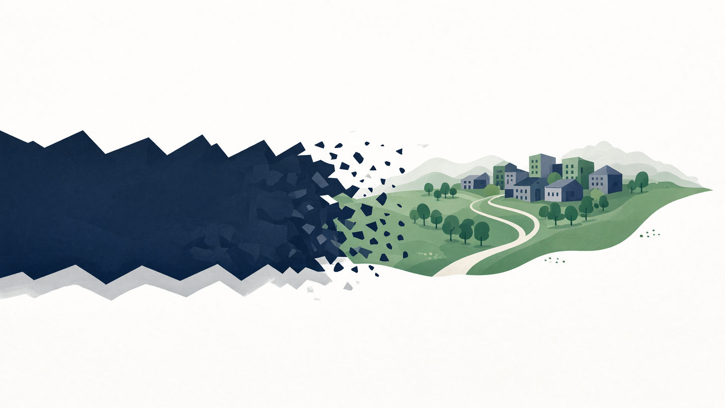 Dark jagged polygonal mass on left with white jagged base dissolves into scattered dark fragments, transitioning to green rolling hills, trees, winding path and cluster of buildings on right against plain white background